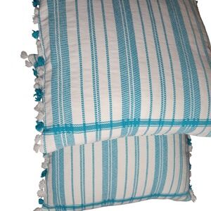 Devi Designs Turquoise White Striped Woven Cotton Throw Pillows Set of 2 Coastal